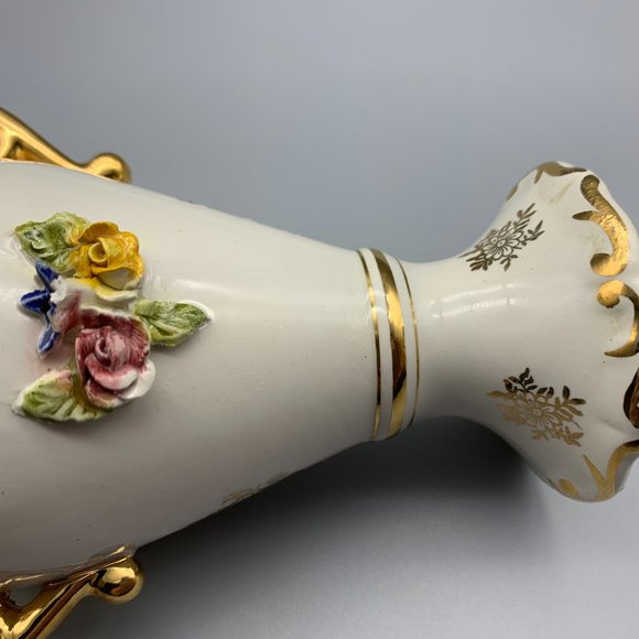 Vintage Elpa Alcobaca Gold Trimmed Floral Bud Vase Made in Portugal 6" High - Picture 5 of 13